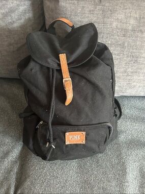 PINK Victoria's Secret Black Canvas Backpack with Tan Accents